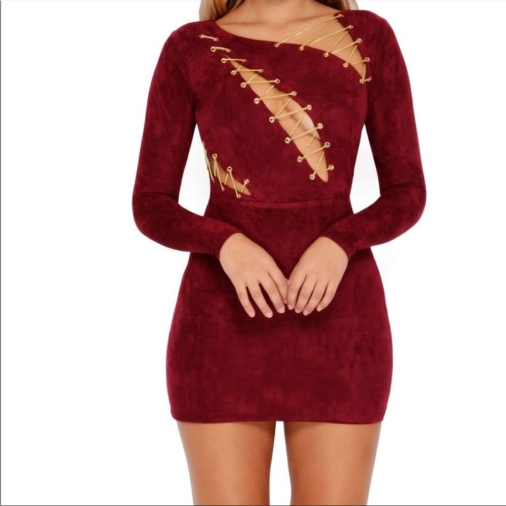 Oh polly chain burgundy faux suede mini dress
